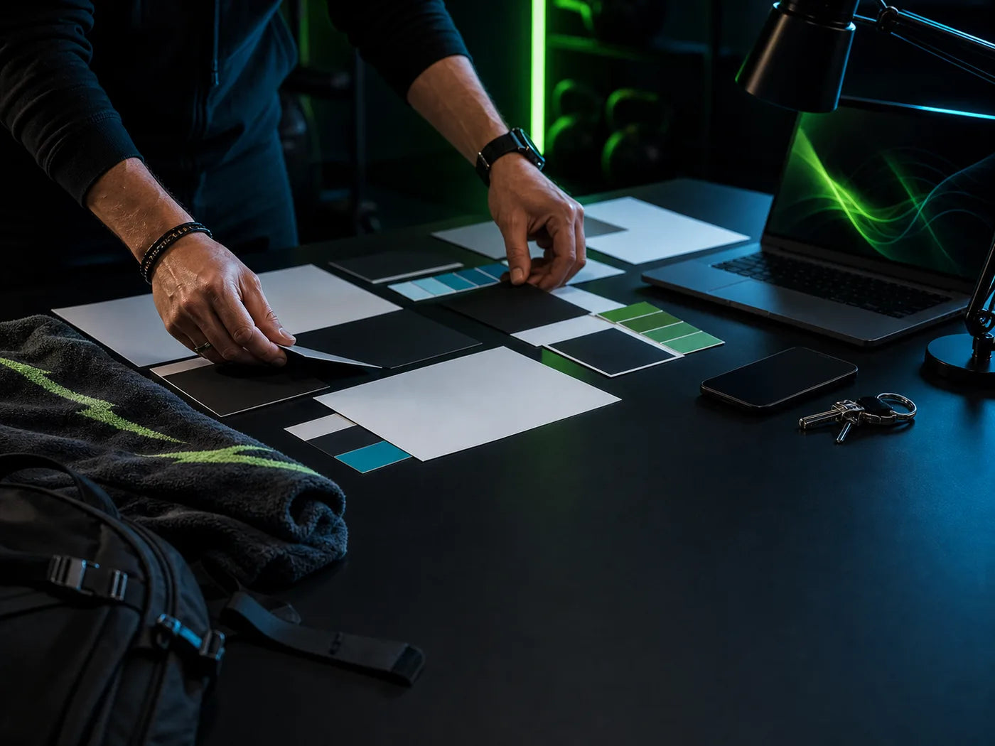 Venom Gum brand planning table with green and cyan accents