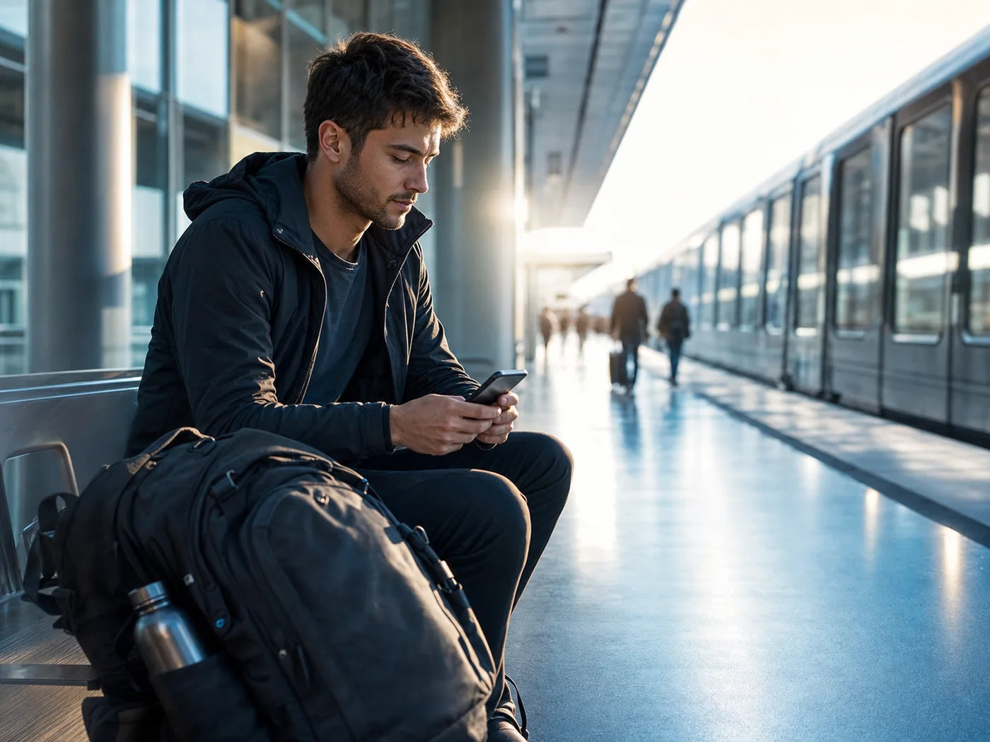 Commuter preparing for a busy travel day