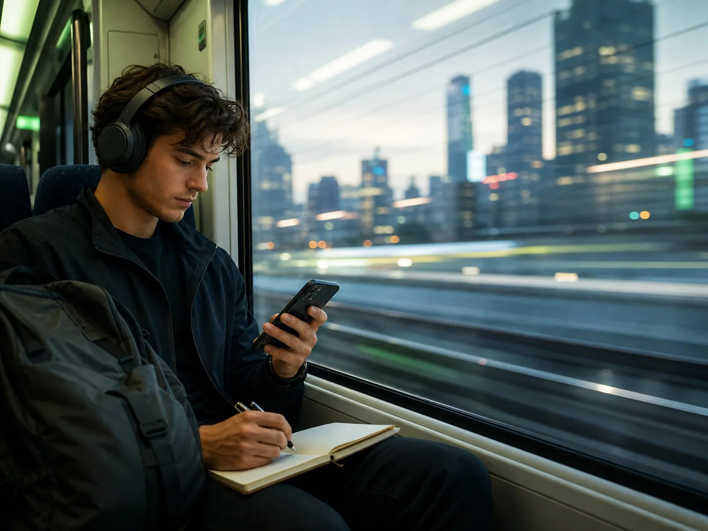 Commuter preparing for a busy day while travelling