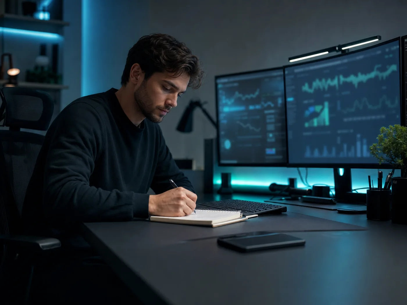 Entrepreneur working at a focused desk setup